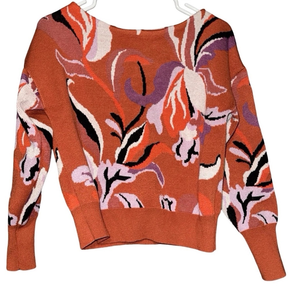 Anthropologie Orange and Purple Crew Neck Sweater with Abstract Floral Design